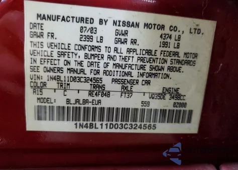 2003 Nissan Altima Se from USA, damaged, VIN 1N4BL11D03C324565